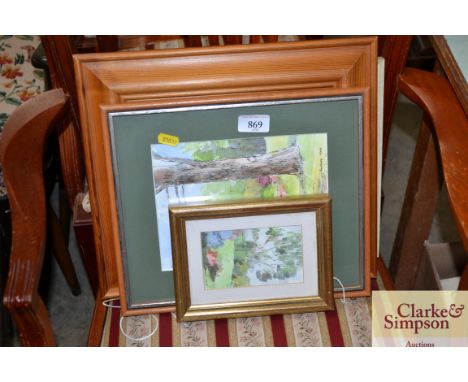 Two water colours by Barbra Moore and a Winnie the Pooh print 