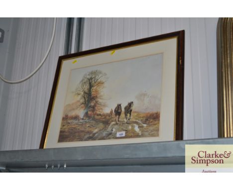 A framed and glazed print of a man and horses 