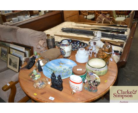 A quantity of decorative china and glassware to include; Royal Doulton bowl, together with an enamel coppered dish, carved fi
