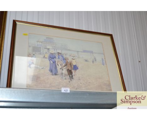 A framed and glazed print of a woman, children and donkey