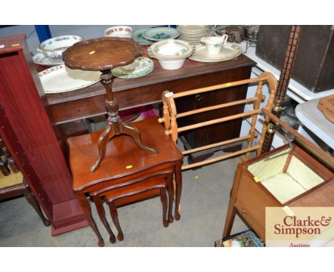 A beech towel rail together with a nest of three occasional tables and a tripod side table