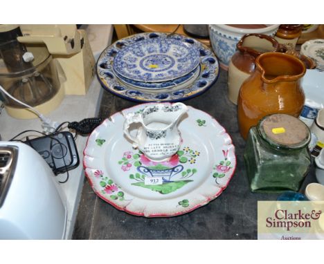 A G.B.H Commemorative jug for King George IV together with Copeland Spode blue and white plates and two continental chargers