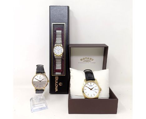 A gentleman's stainless steel Bulova Longchamp wristwatch, cased, a gentleman's Rotary wristwatch, boxed and a gentleman's st