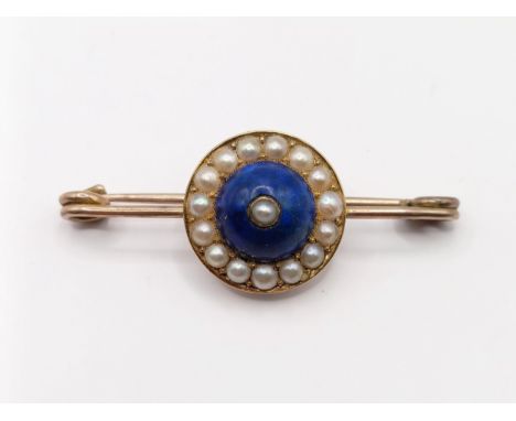 A yellow metal, lapis lazuli and seed pearl bar brooch, 40 mm wide