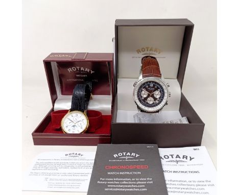 A gentleman's stainless steel Rotary Moon Phase wristwatch, on a leather strap, boxed with international guarantee booklet, a