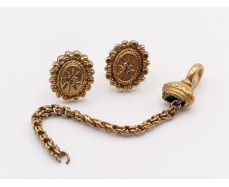 A part of 9ct gold chain and clasp, and two yellow metal and white stone stud earrings, 3.4 g (all in) (3)