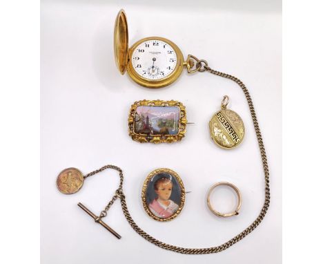 A yellow metal ring, in the form of a belt, an oval locket, two brooches and a gold plated hunter pocket watch (5)
