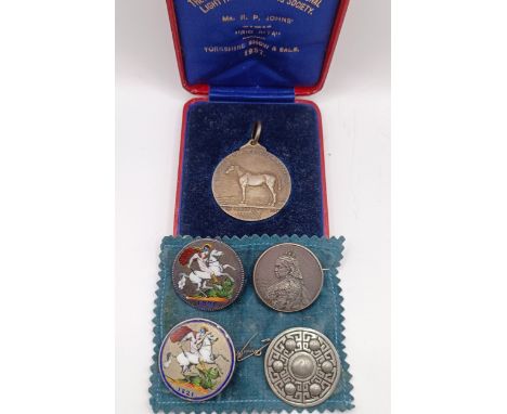 A Light Horse Breeding Society silver medal, cased, two enamel silver crowns converted to brooches and two other brooches