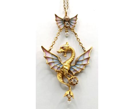 An 18ct gold, diamond and multi coloured enamel dragon pendant, on a chain, 9.9 g (all in)