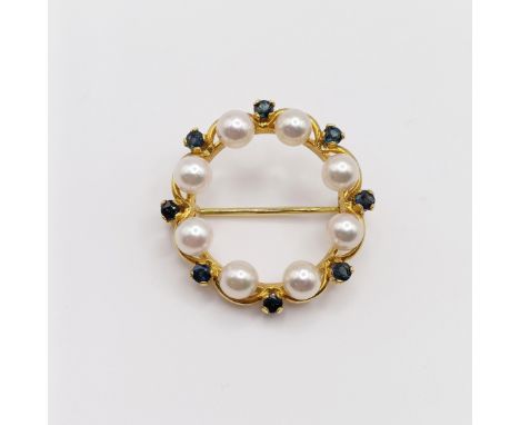 A 9ct gold pearl and blue stone brooch, 4.5 g (all in)