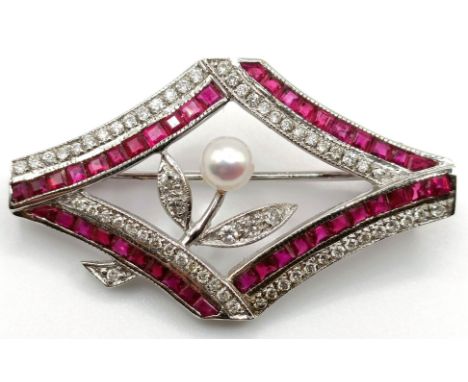 An 18ct white gold, ruby, diamond and pearl lozenge shaped brooch21 mm x 37 mm