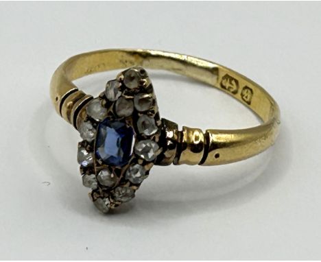 An 18ct gold, sapphire and diamond marquise ring, ring size P, 3.1 g