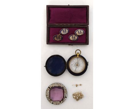 A vintage jewellery box, a paste set brooch, a seed pearl brooch, a pair of silver and blue enamel cufflinks, decorated a cro