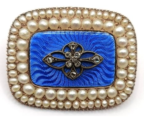 A 19th century yellow metal, blue enamel, diamond and pearl memorial brooch, 35 x 30 mm approx.