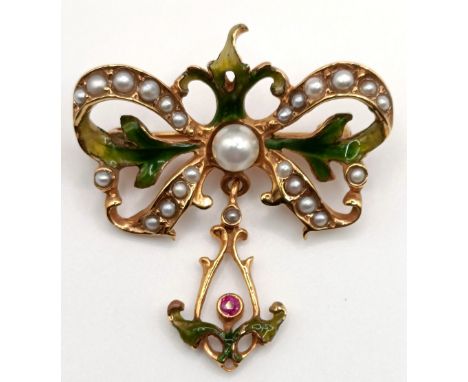 A 9ct gold, pearl and green enamel brooch/pendant, 7.7 g (all in)