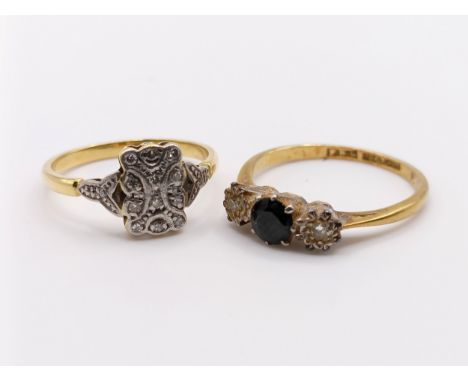 An 18ct gold, emerald and diamond ring, ring size P, and a 9ct gold and diamond chip panel ring, ring size M (2)