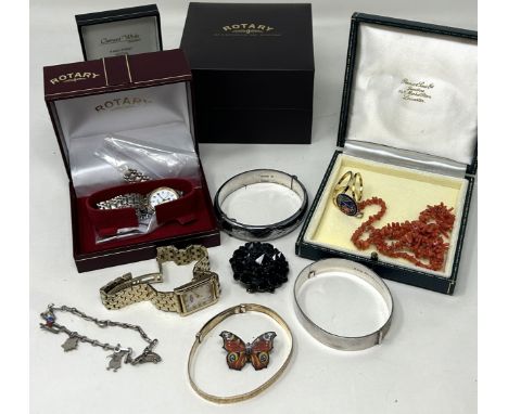 A rolled gold bangle, two silver bangles, and assorted costume jewellery (box)