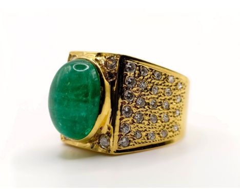 An 18ct gold, cabochon emerald and diamond set ring, ring size approx U