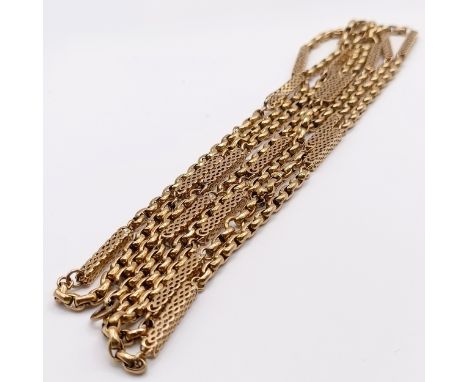 A long yellow metal guard chain, testing as 9ct gold, 43.1 g, 144 cm long