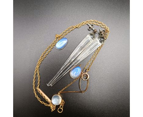 A yellow metal and moonstone pendant, on a chain, and a pair of glass drop earrings (3)Length of earrings 70 mm approx.Some l