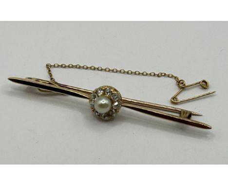An 18ct gold, diamond and pearl bar brooch