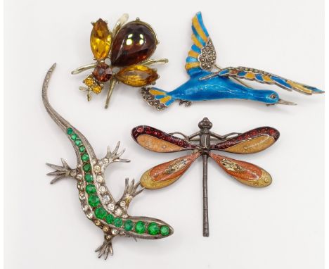 An enamel dragonfly brooch, a similar duck brooch, a paste set lizard brooch, and a fly brooch (4)