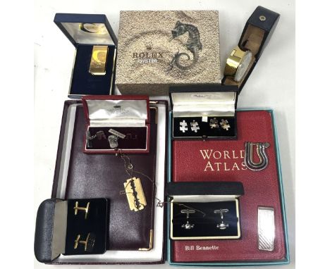 A pair of silver cufflinks, in an Asprey box, other cufflinks, a Rolex Oyster wristwatch outer cardboard box, an Asprey walle