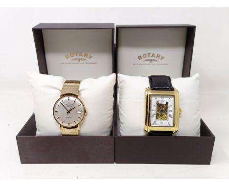 A gentleman's 9ct Gold Rotary 21 jewels wristwatch, with a gilt metal strap, boxed with instructions and guarantee card, and 