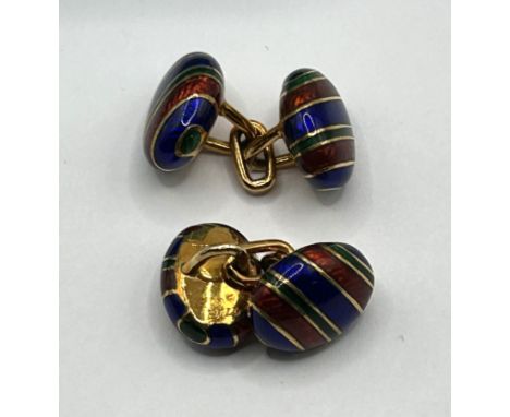 A pair of Tiffany/Ralph Lauren 18ct gold and enamel cufflinks, named and inscribed, 12.4 g (all in), in a Tiffany & Co. jewel