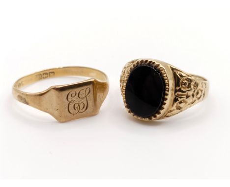 A 9ct gold signet ring, ring size O, 1.4 g and a 9ct gold and black onyx signet ring, ring size I (2)