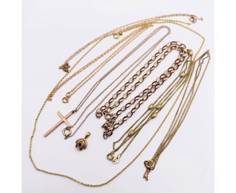 A 9ct gold chain, a cross pendant and assorted other chains, 17.9 g (9)