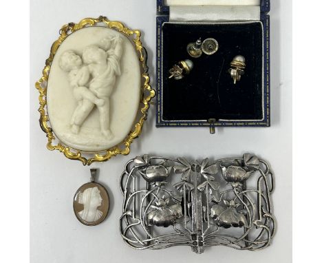 A silver coloured metal Art Nouveau style buckle, and assorted other costume jewellery