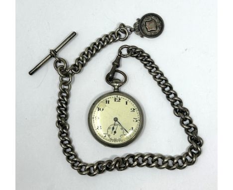 A silver plated open face pocket watch, on a substantial silver chain