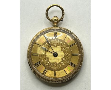 A 19th century ladies 18ct gold fob watch, the face engraved with repeating foliate forms, 4 cm diameter, 47.5 g (all in)
