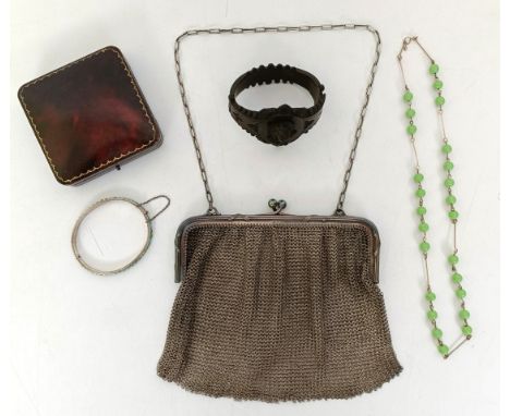 A silver mesh evening bag, a carved bangle, a gilt and turquoise necklace, a silver and turquoise bangle, and a vintage jewel