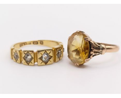 An 18ct gold and diamond five stone ring, and a 9ct gold and yellow stone ring (2)