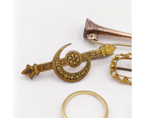 An antique yellow metal and coral brooch, lacking main stone, a ring mount, two brooches, a watch key and an oval pendant (6)