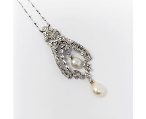 A Belle Epoque platinum, diamond and cultured pearl necklace, 10.9 g (all in)Pendant 60 mm x 30 mm approx.