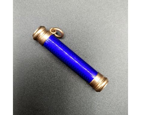 A yellow metal and blue enamel extending pencil, cased, 4.5 cm