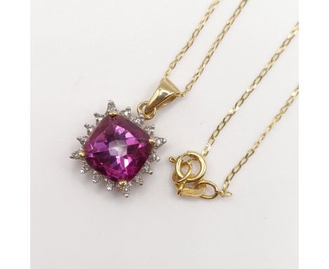 A 9ct gold, diamond and amethyst pendant on a chain