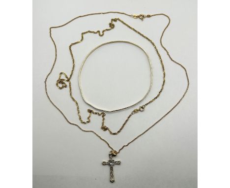 A 9ct gold bangle, a 9ct gold chain and a 9ct gold cross on a chain, 6.9 g (3)