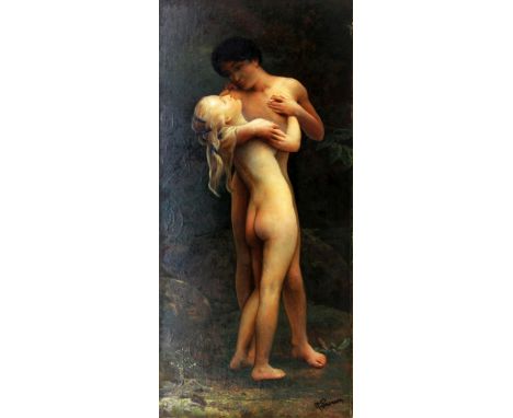 GUÉRIN, R.Französischer Maler um 1900 Erotisches Paar. Öl/Lwd., auf Holzplatte aufgezogen. 84x40cm, ohne Rahmen