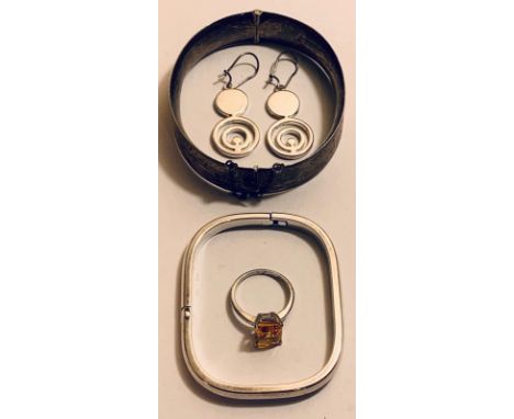 STERLING SILVER BANGLE, WEIGHT APPROX 20.96g; SILVER COLOUR PAIR OF PENDANT EARRINGS, WEIGHT APPROX 9.26g; 925 SILVER BANGLE,