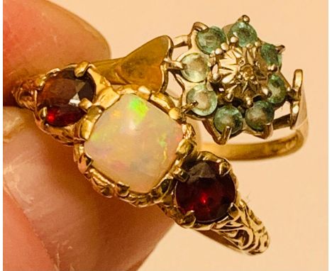 9ct RING SET WITH ONE BRILLIANT AND EIGHT SMALL AQUAMARINES, SIZE P, WEIGHT APPROX 1.37g; 9ct RING SET WITH ONE WHITE OPAL AP