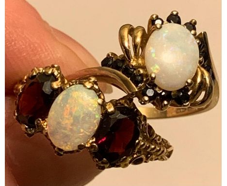 9ct GOLD RING SET WITH ONE OPAL AND TWO TOURMALINE APPROX 0.75ct, SIZE P, WEIGHT APPROX 3.99g, PLUS 9ct GOLD RING SET WITH ON