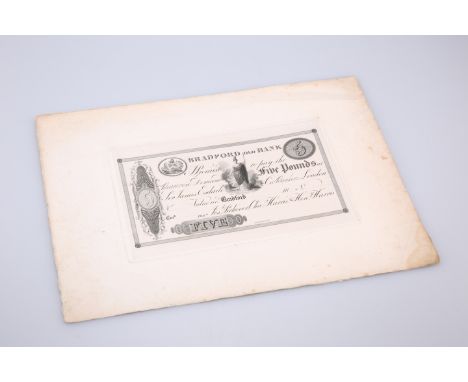 A VERY RARE 19TH CENTURY PROOF BANK NOTE, Bradford Old Bank, Five Pounds, 18-, proof mounted on light card, for Josh. Peckove