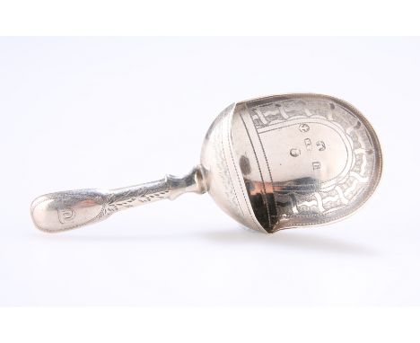 A GEORGE III SILVER CADDY SCOOP,&nbsp;by Cocks &amp; Bettridge, Birmingham 1814, the scoop bowl with geometric pattern, handl
