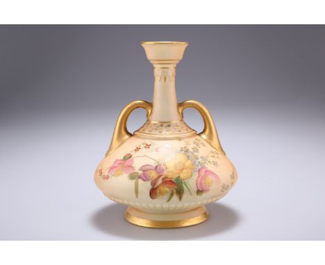 A ROYAL WORCESTER TWO-HANDLED BLUSH IVORY VASE, with moulded bands and painted with flowers, shape no. 1747, date code for 19