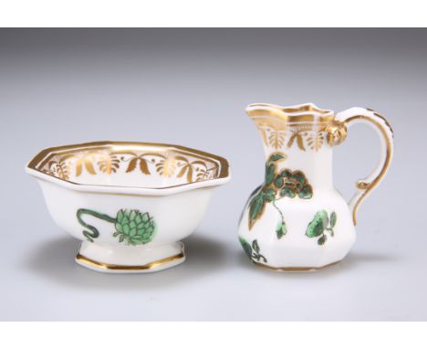 A SPODE MINIATURE JUG AND BOWL, each of octagonal form, green painted and gilded in the Chinese taste with a vase of flowers 