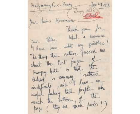 DU MAURIER DAPHNE: (1907-1989) British Author. A good A.L.S., Daphne Browning, four pages, 8vo, Fowey, Cornwall, 27th January